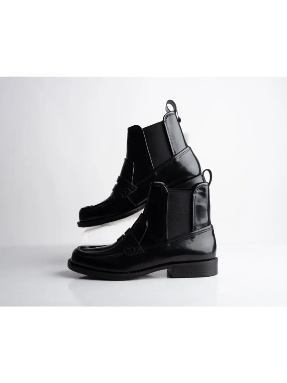 Zara Womens Leather Ankle Loafer Boots Black Glossy US 7.5 EU 38 NWT 1117/110
